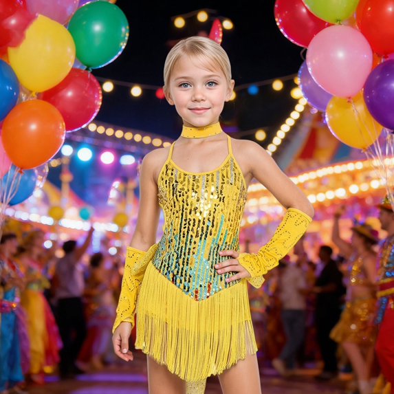 OOOUM Shine Girls Performance Party Dress Sequin Appliques Tassel Dance Dresses Kids Stage Performance Outfits Sets Yellow 12-13 Years