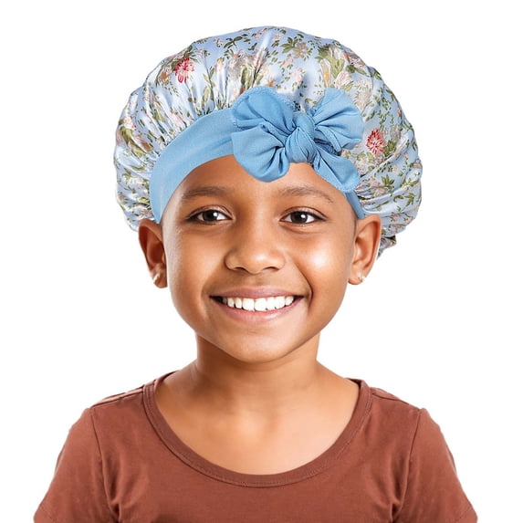 OOOUM Silky Kids Satin Bonnet For Girls Floral Print Bow Knot Sleep Cap Nighttime Hair Care Hair Wrap Sky Blue