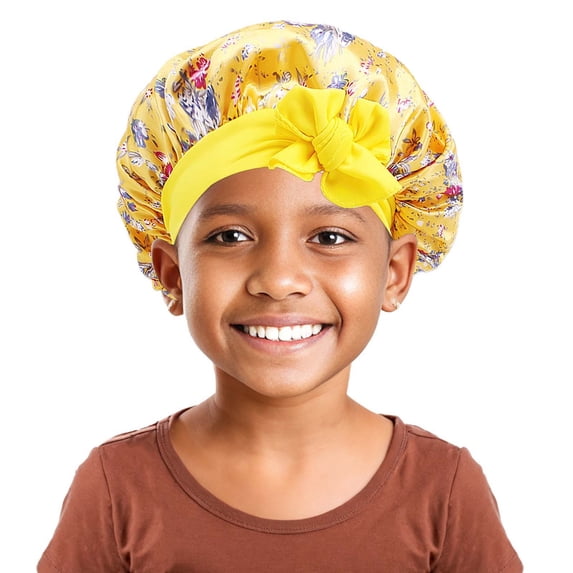OOOUM Silky Kids Satin Bonnet For Girls Floral Print Bow Knot Sleep Cap Nighttime Hair Care Hair Wrap Yellow