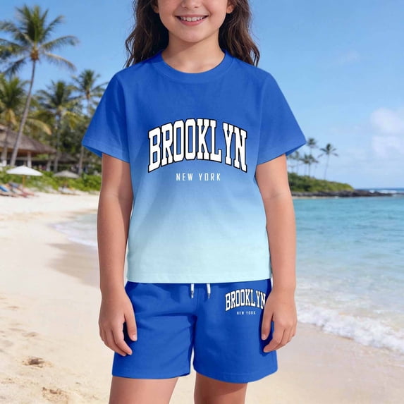 OOOUM Silky Soft T-Shirt Shorts 2 Piece Set Summer Letter Graphic Outfits Casual Cute Clothing For Toddler And Big Kids Blue 5-6 Years
