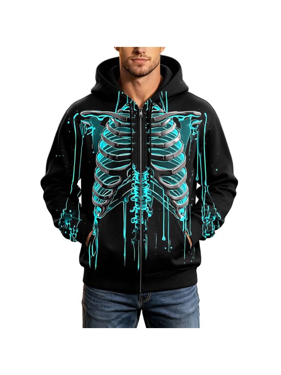 Skeleton Hoodie For Men Oversized Casual Zip Up Halloween Jacket Glow Graphic Everyday Outerwear Sky Blue