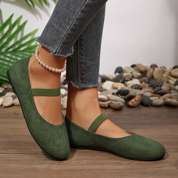 OOOUM Suede Elastic Strap Mary Jane Flats For Women Round Toe On Soft Ballet Flats Vintage Casual Lightweight Daily Walking Shoes Dark Green US:7.5