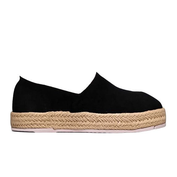 OOOUM Suede Loafers For Women Round Toe Slip On Platform Espadrille Loafers Woven Sole Casual Daily Shoes Black US:8