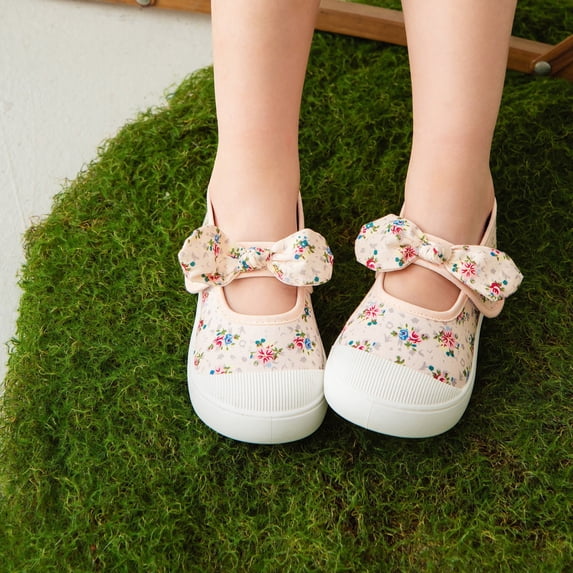 OOOUM Toddler Baby Canvas Sneakers Fashionable Cute Bow Strap Mary Jane Flats Hook&Loop Closure Casual Flats Shoes Light Pink US:6.5/15-18 Months
