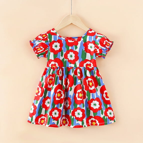 OOOUM Toddler Baby Cotton Dresses Short Sleeve Floral Print T Shirt Dress Breathable Lightweight Summer Outfits Red 6-7 Years