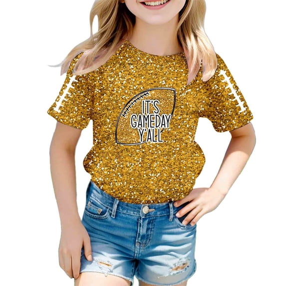OOOUM Toddler Girls Short Sleeve T-Shirt Regular Crewneck Glitter Print Tops Modest Fashionable Summer Tees Gold 3-4 Years