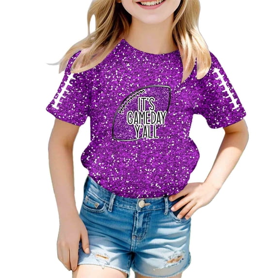 OOOUM Toddler Girls Short Sleeve T-Shirt Regular Crewneck Glitter Print Tops Modest Fashionable Summer Tees Purple 3-4 Years