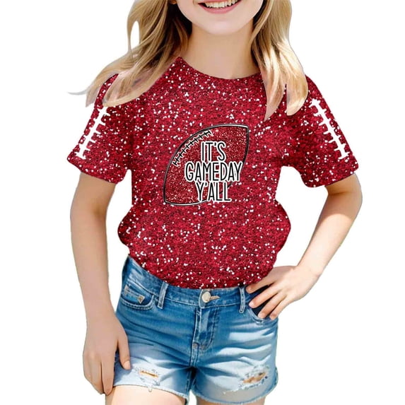 OOOUM Toddler Girls Short Sleeve T-Shirt Regular Crewneck Glitter Print Tops Modest Fashionable Summer Tees Red 3-4 Years