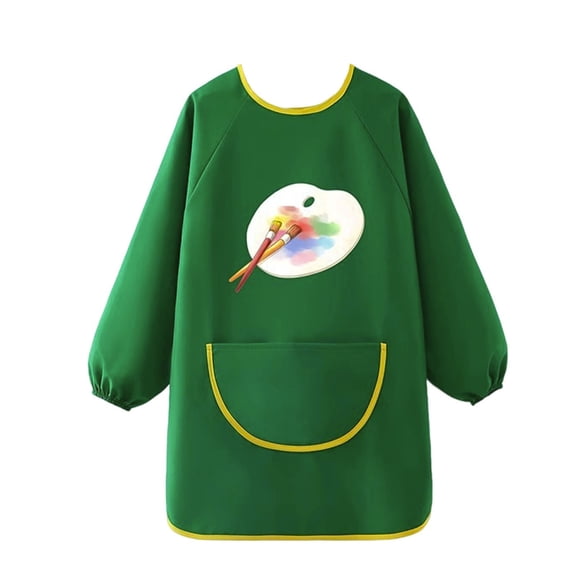 OOOUM Toddler Kids Long Sleeve Painting Apron Relaxed Fit Crewneck Front Pocket Colorful Print Waterproof Art Smock Lightweight Protective Cover Up Dark Green M/100