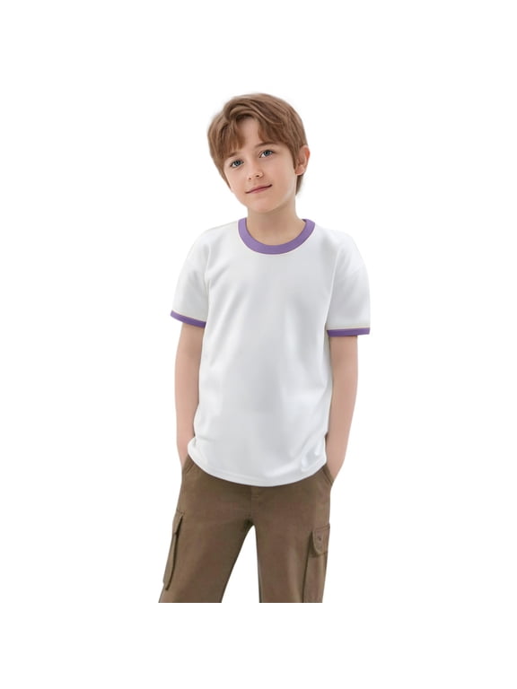 Unisex Basic Ringer Tee Crewneck Short Sleeve Casual T-Shirt Soft Breathable Cotton Blend Shirt Tops Light Purple 2-3 Years