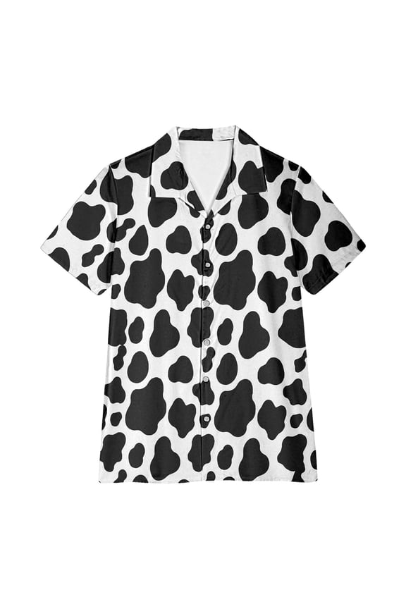 Unisex Cow Print Short Sleeve Blouse Collar Loose Casual Button Down Shirt Lightweight Breathable Summer Beach Shirt Top White XXL