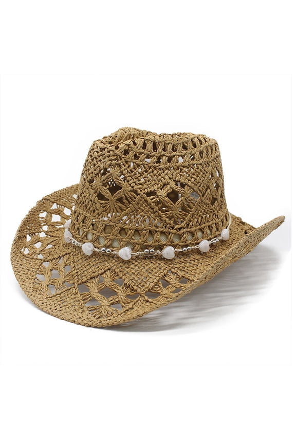 Unisex Cowboy Straw Hat Breathable Wide Brim Sun Hat Adjustable Uv Protection Summer Beach Hat Khaki