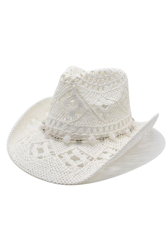 Unisex Cowboy Straw Hat Breathable Wide Brim Sun Hat Adjustable Uv Protection Summer Beach Hat White