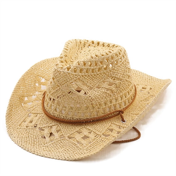 OOOUM Unisex Cowboy Straw Hat Wide Brim Breathable Sun Hat Adjustable Uv Protection Beach Hats Beige