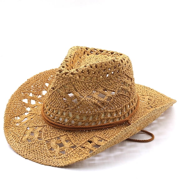 OOOUM Unisex Cowboy Straw Hat Wide Brim Breathable Sun Hat Adjustable Uv Protection Beach Hats Khaki