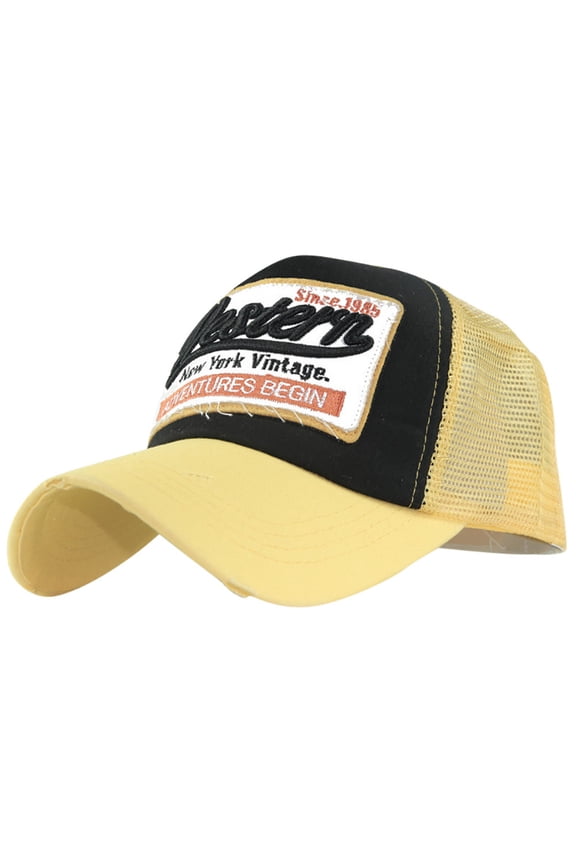 Unisex Distressed Trucker Hat Mesh Breathable Embroidered Baseball Cap Detachable Casual Sun Hats yellow