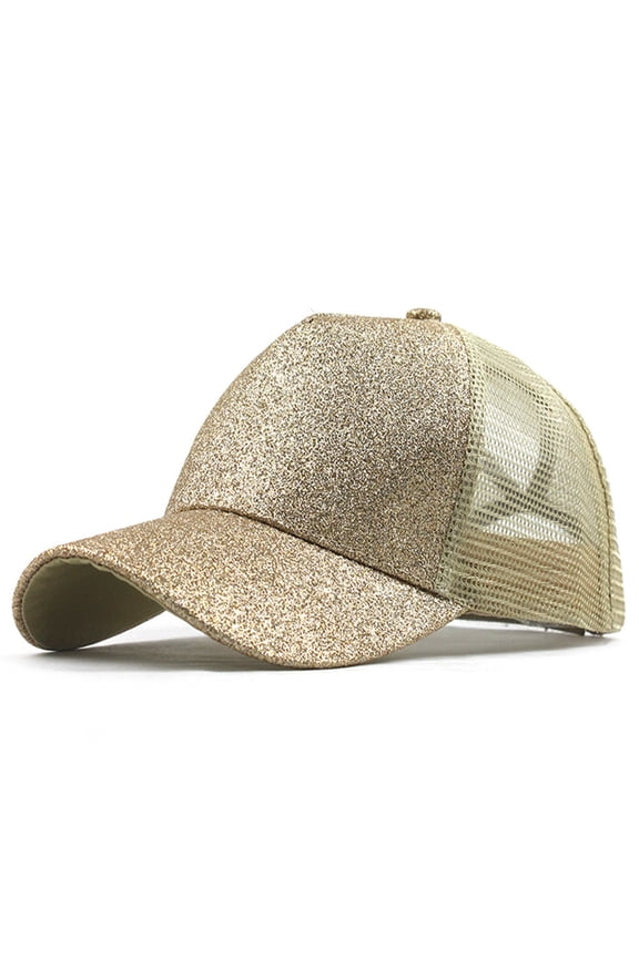 Unisex Glitter Trucker Hat Mesh Breathable Stylish Baseball Cap Detachable Ponytail Sun Hats Gold