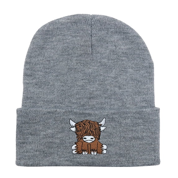 OOOUM Unisex Highland Cow Embroidered Knit Beanie Soft Stretchy Warm Winter Skull Cap Outdoor Daily Casual Hat For Men Women Light Gray