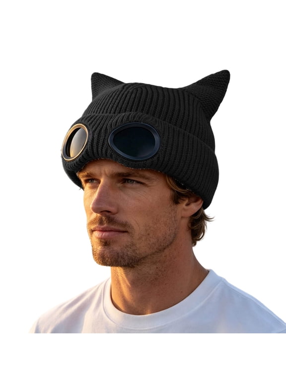 Unisex Knit Beanie Lined Cat Ear Hat with Goggle Accent Warm Skull Cap