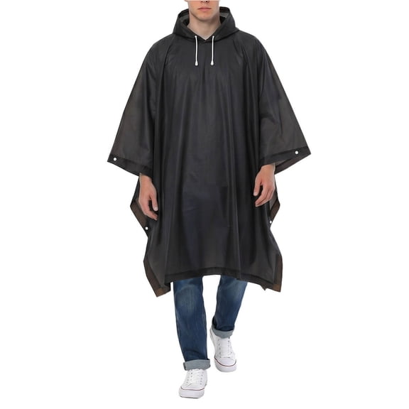 OOOUM Unisex Lightweight Reusable Waterproof Hooded Rain Poncho With Drawstring Hood & Side Snap Buttons Oversized Loose Outdoor Travel Hiking Rain Cape Black