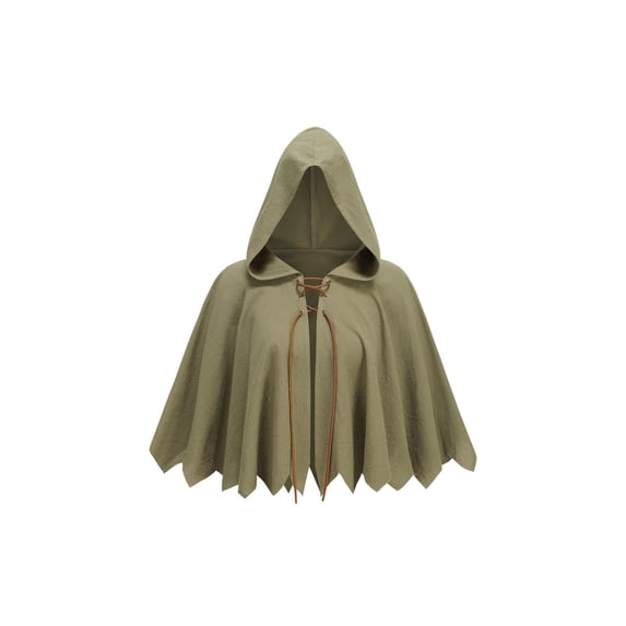 OOOUM Unisex Short Hooded Cape Crinkle Woven Textured Cloak Front Leather Lace-Up Closure Jagged Pointed Hem Loose Open Front Poncho Army Green One Size