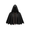 thumbnail image 1 of OOOUM Unisex Short Hooded Cape Crinkle Woven Textured Cloak Front Leather Lace-Up Closure Jagged Pointed Hem Loose Open Front Poncho Black One Size, 1 of 3