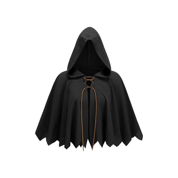 OOOUM Unisex Short Hooded Cape Crinkle Woven Textured Cloak Front Leather Lace-Up Closure Jagged Pointed Hem Loose Open Front Poncho Black One Size