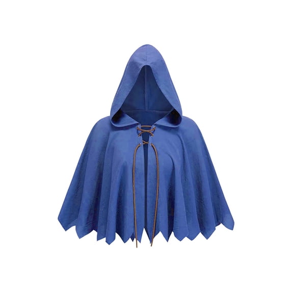OOOUM Unisex Short Hooded Cape Crinkle Woven Textured Cloak Front Leather Lace-Up Closure Jagged Pointed Hem Loose Open Front Poncho Blue One Size