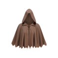 thumbnail image 1 of OOOUM Unisex Short Hooded Cape Crinkle Woven Textured Cloak Front Leather Lace-Up Closure Jagged Pointed Hem Loose Open Front Poncho Brown One Size, 1 of 4