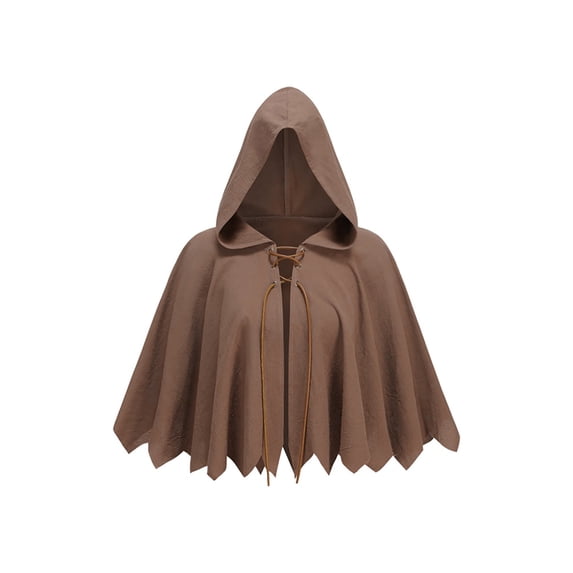 OOOUM Unisex Short Hooded Cape Crinkle Woven Textured Cloak Front Leather Lace-Up Closure Jagged Pointed Hem Loose Open Front Poncho Brown One Size