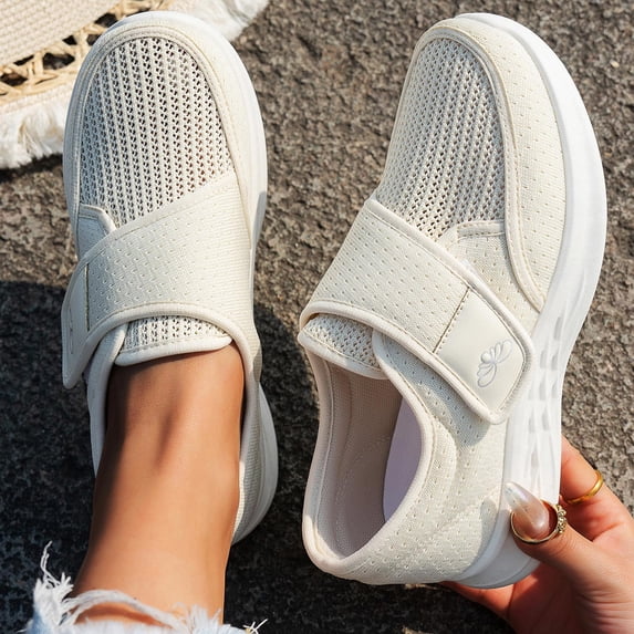 OOOUM Walking Diabetic Shoes For Women Men Comfortable Slip On Sneakers Wide Fit Adjustable Strap Casual Lightweight Flats Beige US:8.5