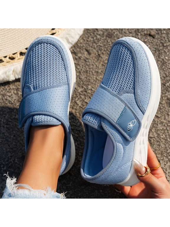 Walking Diabetic Shoes For Women Men Comfortable Slip On Sneakers Wide Fit Adjustable Strap Casual Lightweight Flats Light Blue US:7