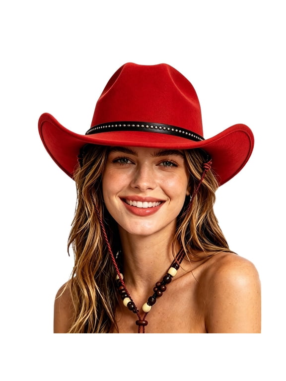Western Cowboy Hat Wide Curved Brim Felt Cowgirl Hat With Detachable Chin Strap Outdoor Travel Party Sun Hat For Men Women Red