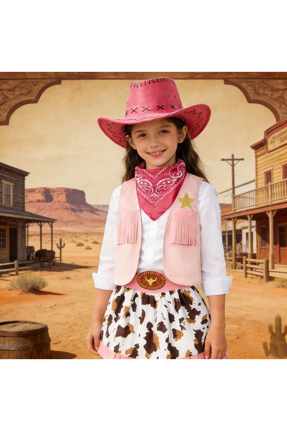 Western Outfit Set Children'S Role Play Costume Set With Full Matching Accessories Western Themed Outfit Set Pink 4-5 Years