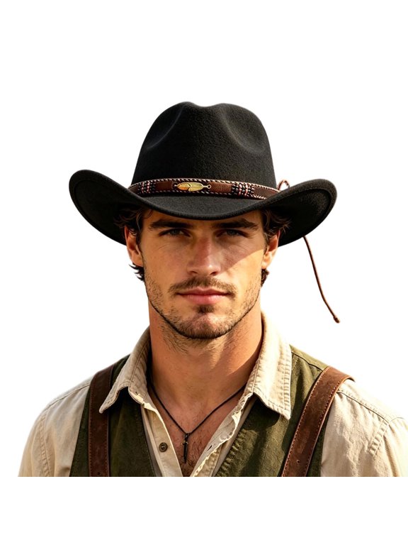 Wide Curved Brim Western Cowboy Hat Decorative Beaded Lightweight Felt Fedora Hat Travel Party Vintage Sun Hat For Men Women Black