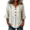 thumbnail image 1 of OOOUM Woman 3/4 Sleeve Blouse Modern Fit Print Ruffle V Neck Basic Tops Stylish Comfortable Outfits Tees Beige, 1 of 4