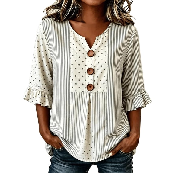 OOOUM Woman 3/4 Sleeve Blouse Modern Fit Print Ruffle V Neck Basic Tops Stylish Comfortable Outfits Tees Beige