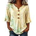 thumbnail image 1 of OOOUM Woman 3/4 Sleeve Blouse Modern Fit Print Ruffle V Neck Basic Tops Stylish Comfortable Outfits Tees Light Yellow, 1 of 4