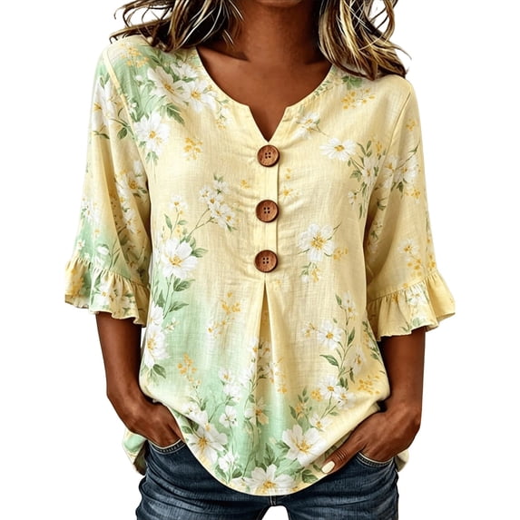 OOOUM Woman 3/4 Sleeve Blouse Modern Fit Print Ruffle V Neck Basic Tops Stylish Comfortable Outfits Tees Light Yellow