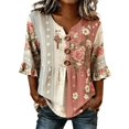 thumbnail image 1 of OOOUM Woman 3/4 Sleeve Blouse Modern Fit Print Ruffle V Neck Basic Tops Stylish Comfortable Outfits Tees Watermelon Red, 1 of 4