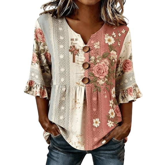 OOOUM Woman 3/4 Sleeve Blouse Modern Fit Print Ruffle V Neck Basic Tops Stylish Comfortable Outfits Tees Watermelon Red