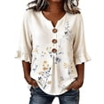 thumbnail image 1 of OOOUM Woman 3/4 Sleeve Blouse Modern Fit Print Ruffle V Neck Basic Tops Stylish Comfortable Outfits Tees White, 1 of 4