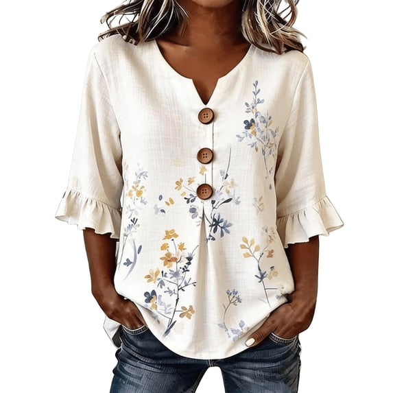 OOOUM Woman 3/4 Sleeve Blouse Modern Fit Print Ruffle V Neck Basic Tops Stylish Comfortable Outfits Tees White