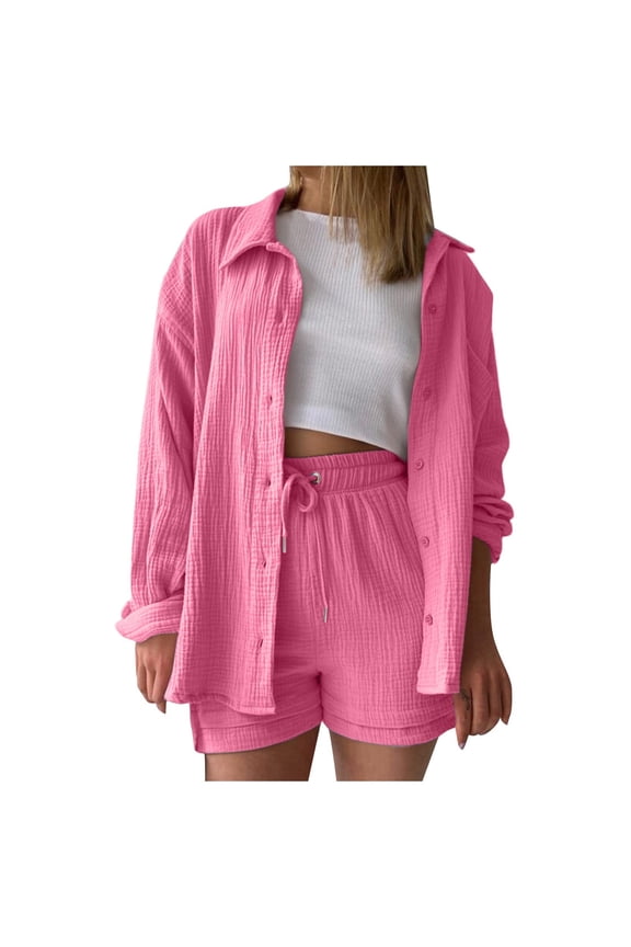 Women 2 Piece Matching Outfits Lapel Collar Oversized Crinkle Button Shirt Drawstring High Waist Shorts Set Light Textured Casual Vacation Clothing Sets Pink XXL