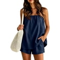 thumbnail image 1 of OOOUM Women 2 Piece Matching Outfits Strapless Smocked Top Elastic Waist Shorts Set Light Textured Woven Fabric Solid Color Casual Summer Clothing Set Navy M, 1 of 5