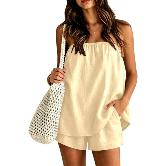 OOOUM Women 2 Piece Matching Outfits Strapless Smocked Top Elastic Waist Shorts Set Light Textured Woven Fabric Solid Color Casual Summer Clothing Set Light Yellow XL