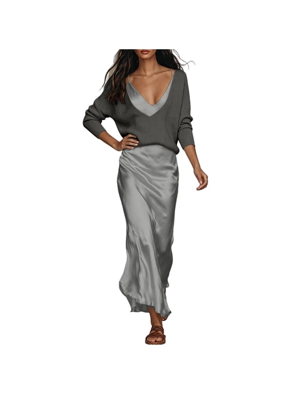 Women 2 Piece Outfit V Neck Long Sleeve Knit Sweater Top Satin Maxi Dress Elegant Commuter Wedding Guest Casual Outfits Set Grey M