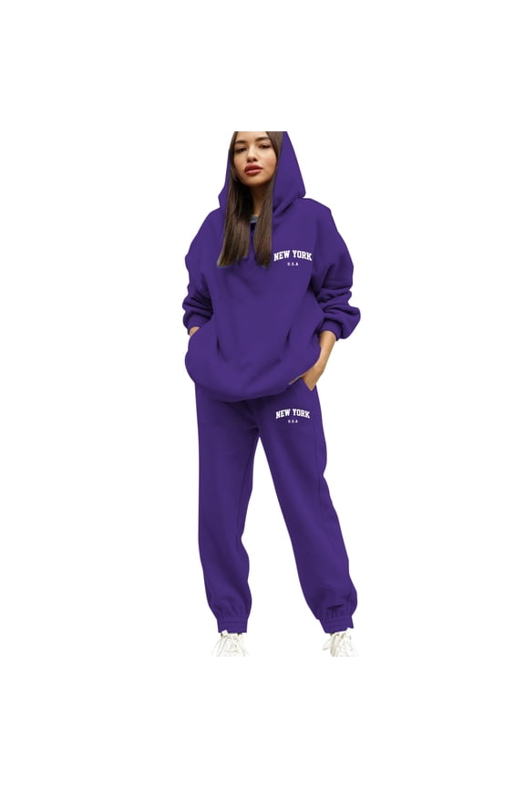 Women 2 Piece Outfits Letter Print Hoodie Drawstring Jogger Pants Set Soft Streetwear Daily Athletic Tracksuit Purple S