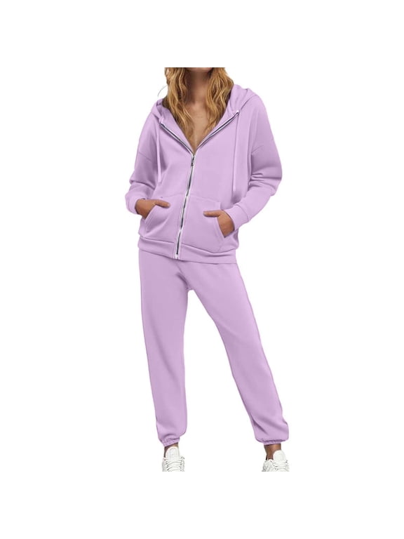 Women 2 Piece Tracksuit Set Full Zip Hooded Jacket Long Sleeve Jogger Pants Casual Loungewear Sweat Suit With Pockets Light Purple S
