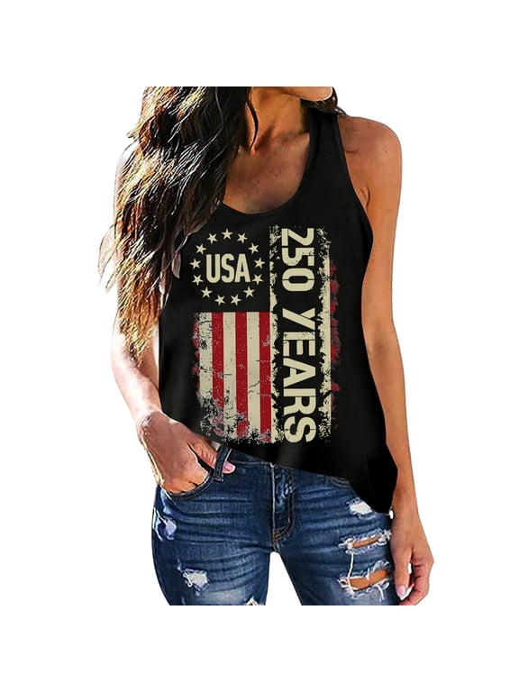 Women 4Th Of July Racerback Tank Top Usa 250 Years Vintage American Flag Print Loose Fit Casual Summer Sleeveless Shirts Black S
